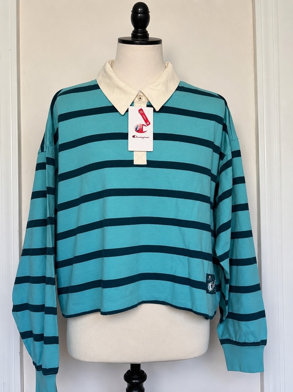 Champion Teal & Navy Striped Long-Sleeve Rugby Top with Cream Collar